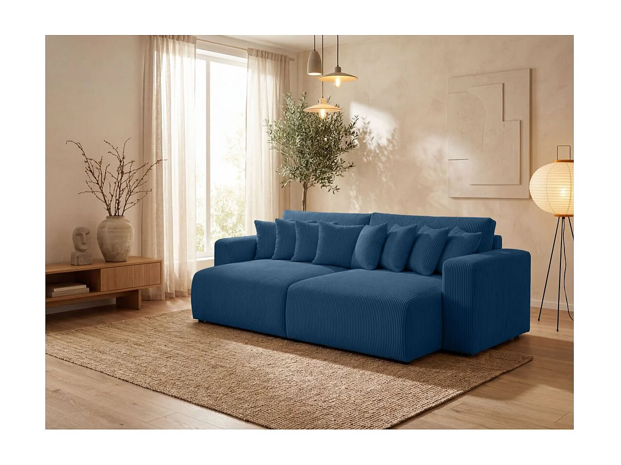 Canapé droit 4 places JADE double méridienne et assise profonde en velours côtelé - Bleu foncé