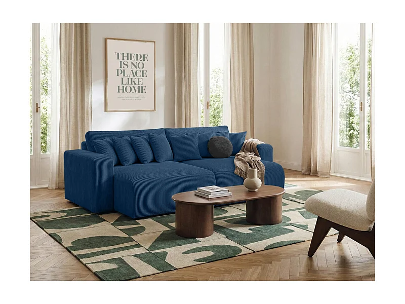 Canapé droit 4 places JADE double méridienne et assise profonde en velours côtelé - Bleu foncé