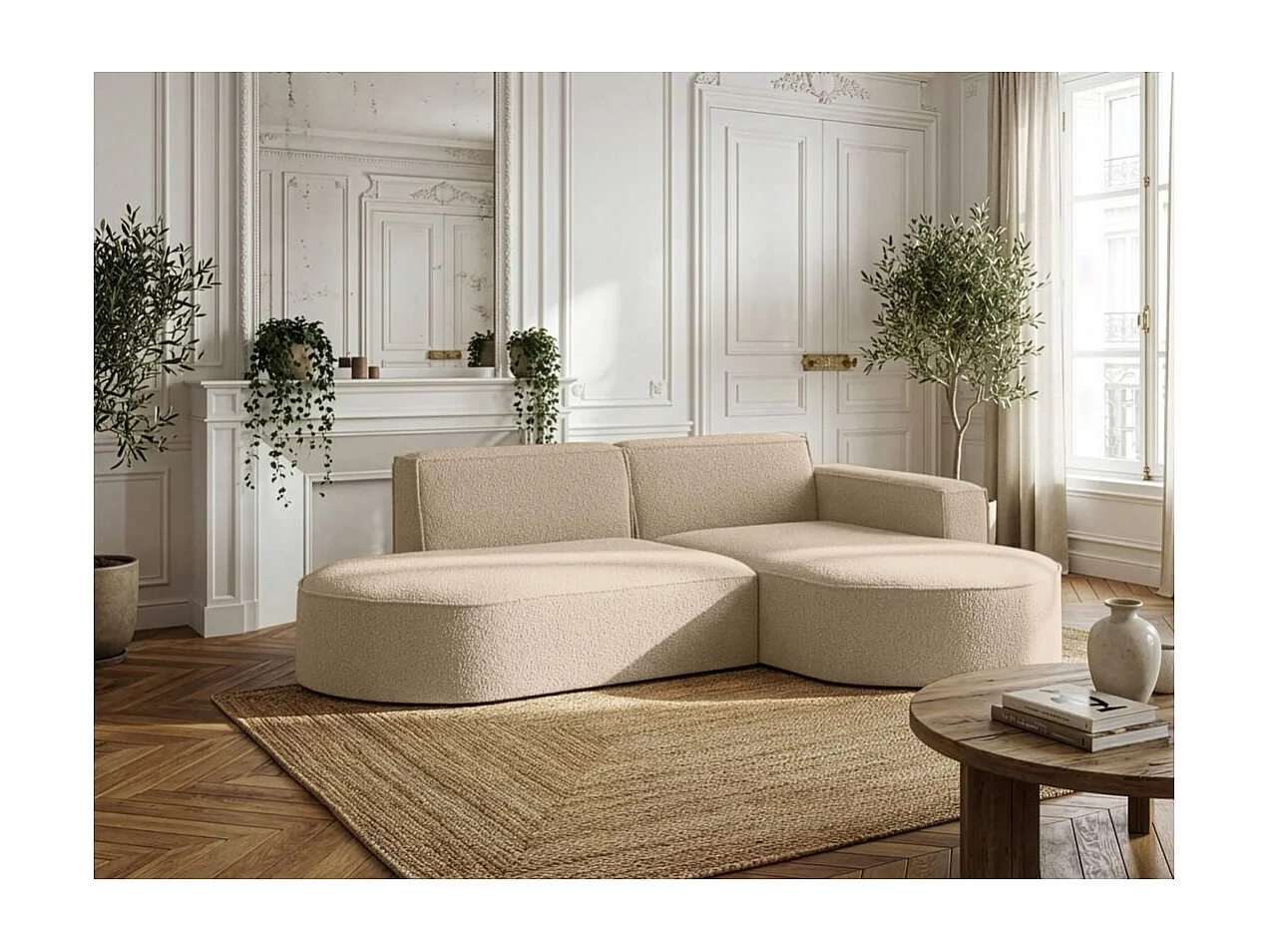 Canapé d'angle droit 4 places MARLA en tissu bouclette - Beige