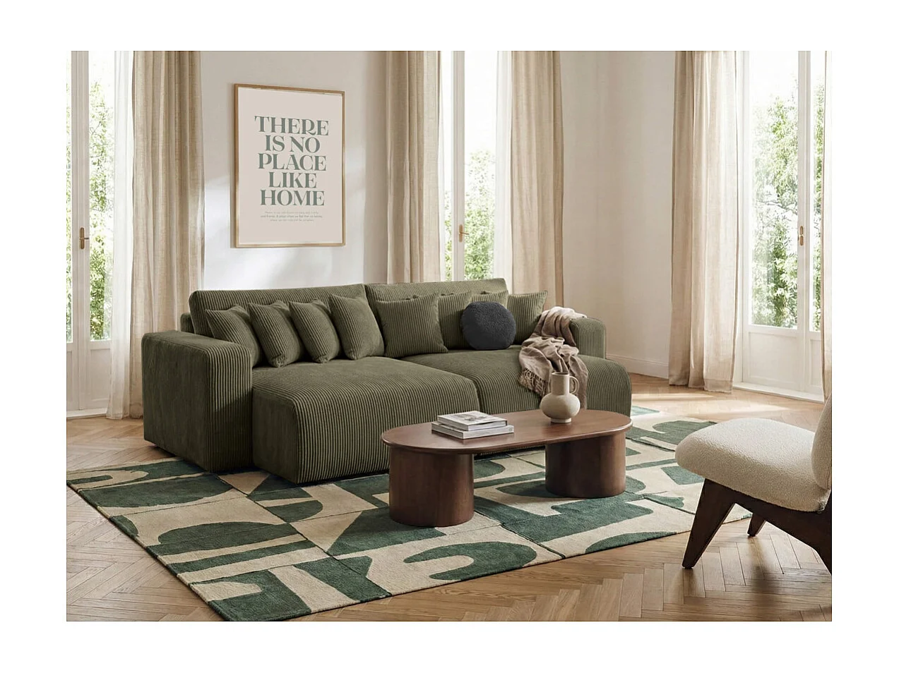 Canapé droit 4 places JADE double méridienne et assise profonde en velours côtelé - Vert