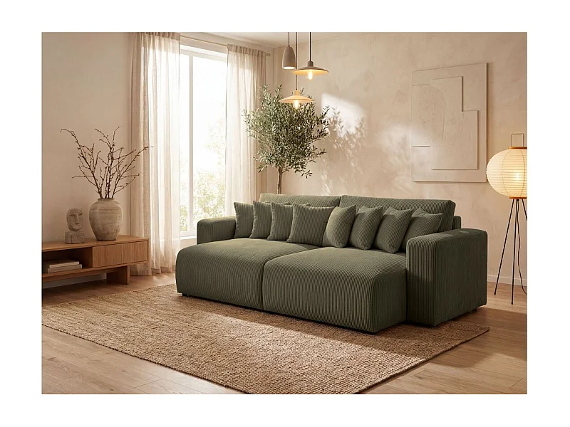 Canapé droit 4 places JADE double méridienne et assise profonde en velours côtelé - Vert