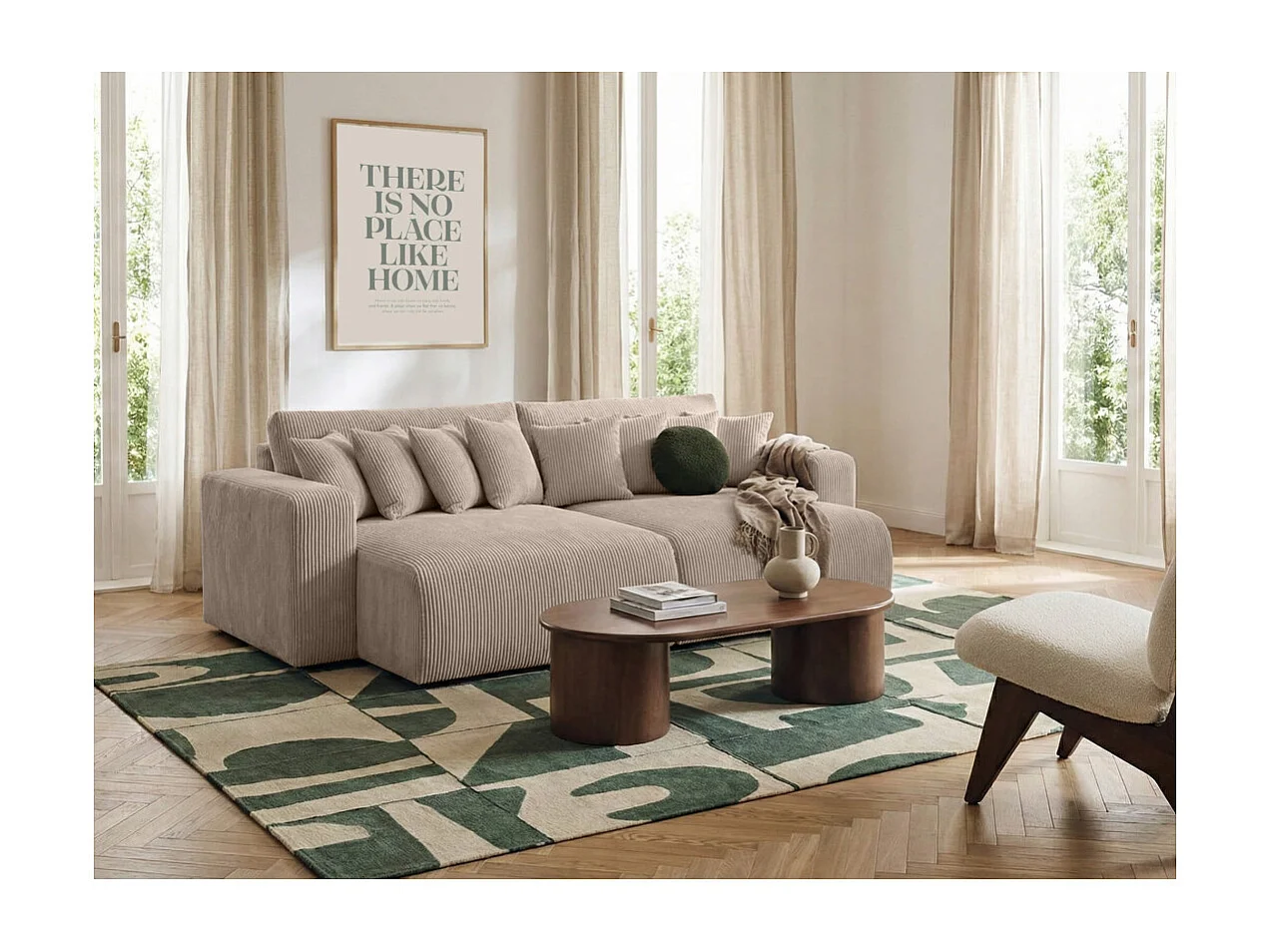 Canapé droit 4 places JADE double méridienne et assise profonde en velours côtelé - Taupe