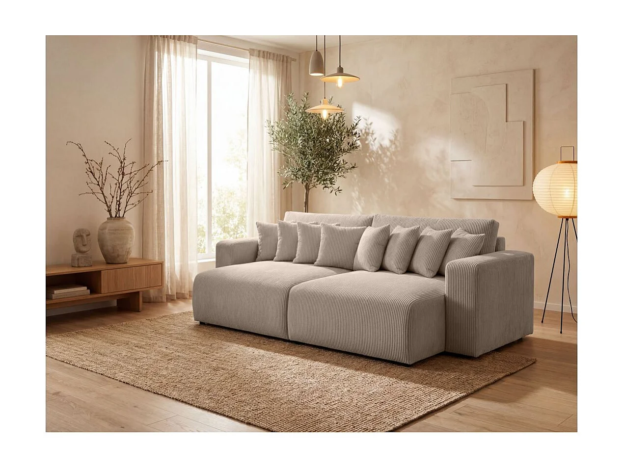 Canapé droit 4 places JADE double méridienne et assise profonde en velours côtelé - Taupe