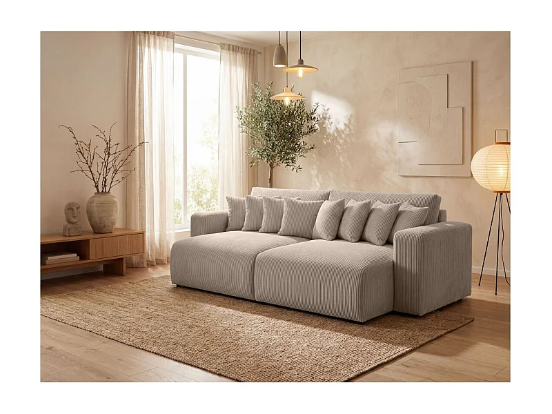 Canapé droit 4 places JADE double méridienne et assise profonde en velours côtelé - Taupe