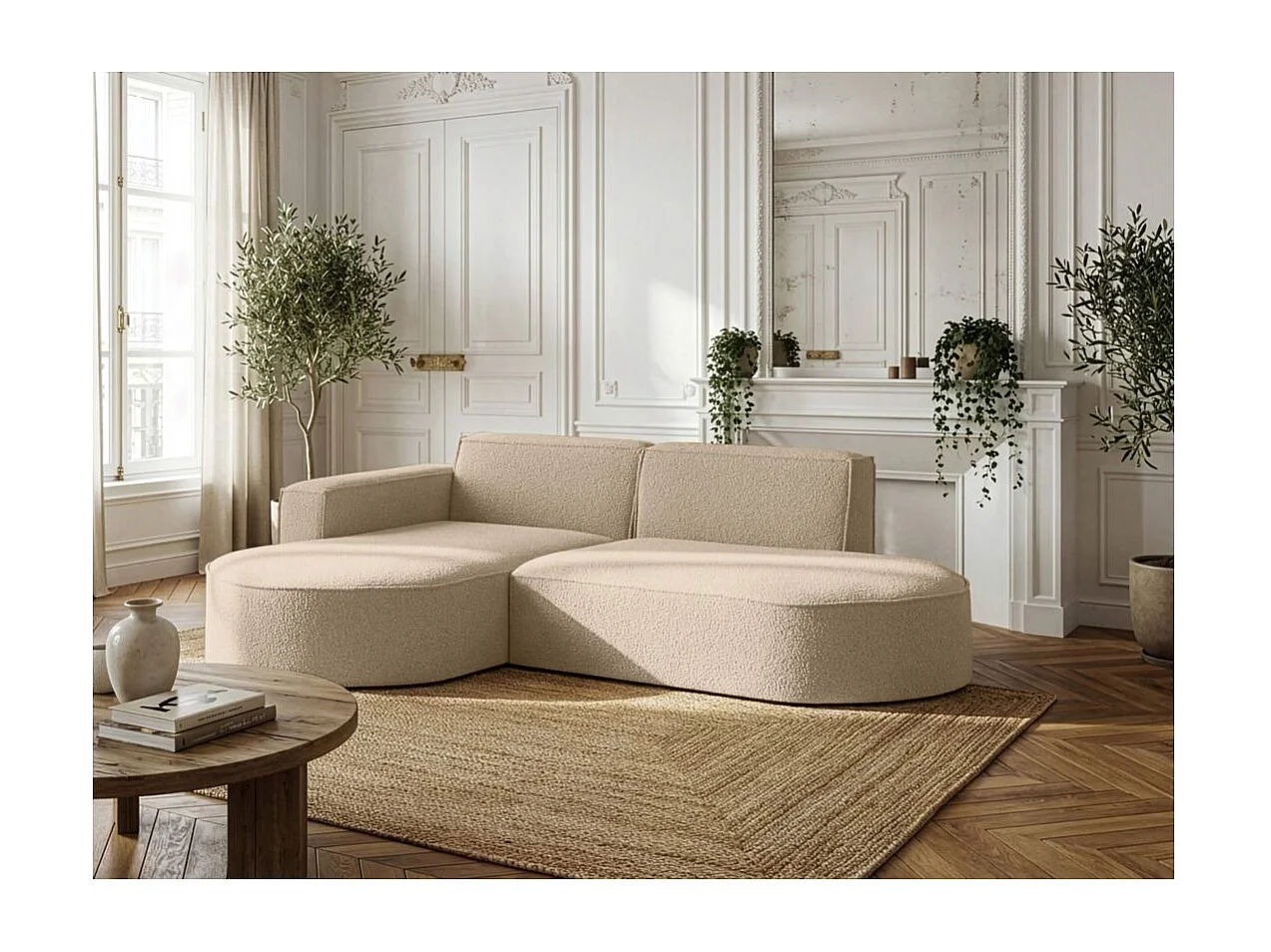 Canapé d'angle gauche 4 places MARLA en tissu bouclette - Beige