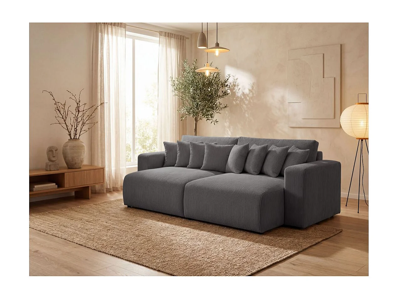 Canapé droit 4 places JADE double méridienne et assise profonde en velours côtelé - Gris anthracite