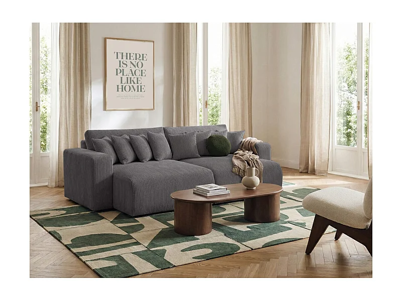 Canapé droit 4 places JADE double méridienne et assise profonde en velours côtelé - Gris anthracite