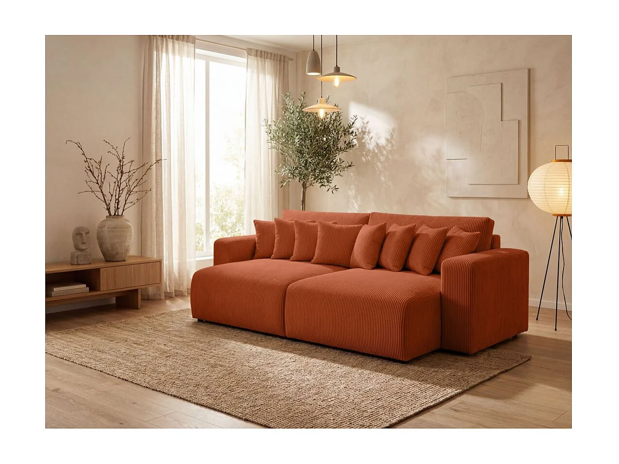 Canapé droit 4 places JADE double méridienne et assise profonde en velours côtelé - Terracotta