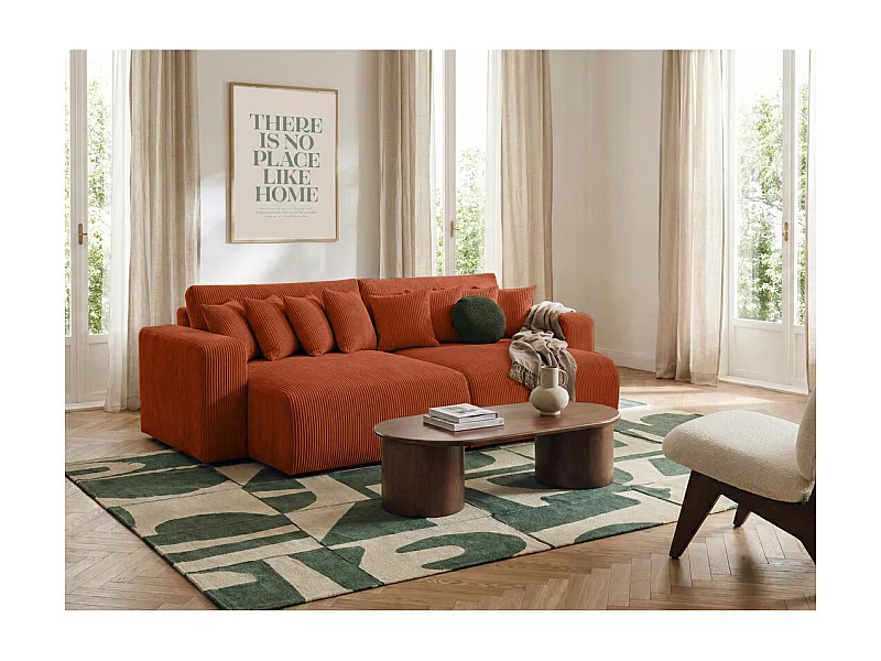 Canapé droit 4 places JADE double méridienne et assise profonde en velours côtelé - Terracotta