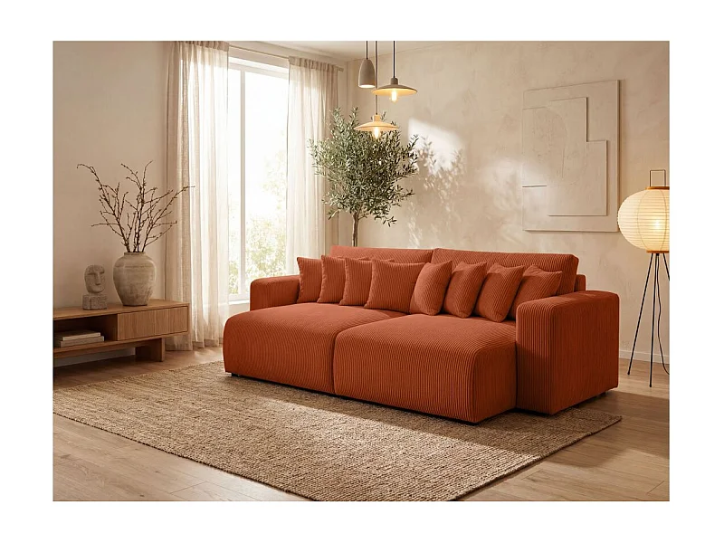 Canapé droit 4 places JADE double méridienne et assise profonde en velours côtelé - Terracotta