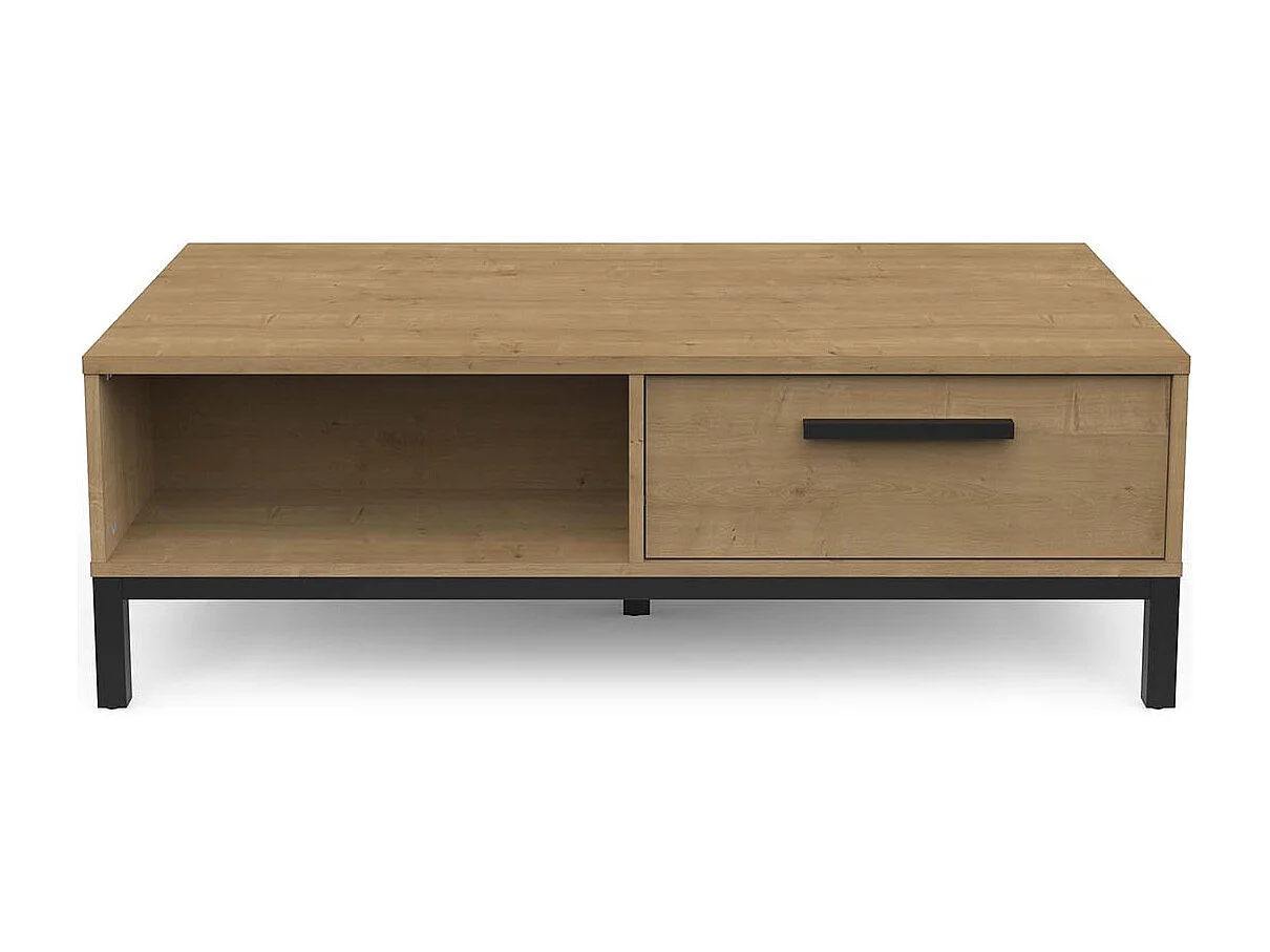 Table basse rectangulaire avec rangement 2 niches 2 tiroirs couleur chêne / noir mat - Largeur 110,4 x Profondeur 60 x Hauteur 36,9 cm