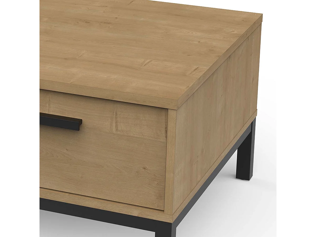 Table basse rectangulaire avec rangement 2 niches 2 tiroirs couleur chêne / noir mat - Largeur 110,4 x Profondeur 60 x Hauteur 36,9 cm