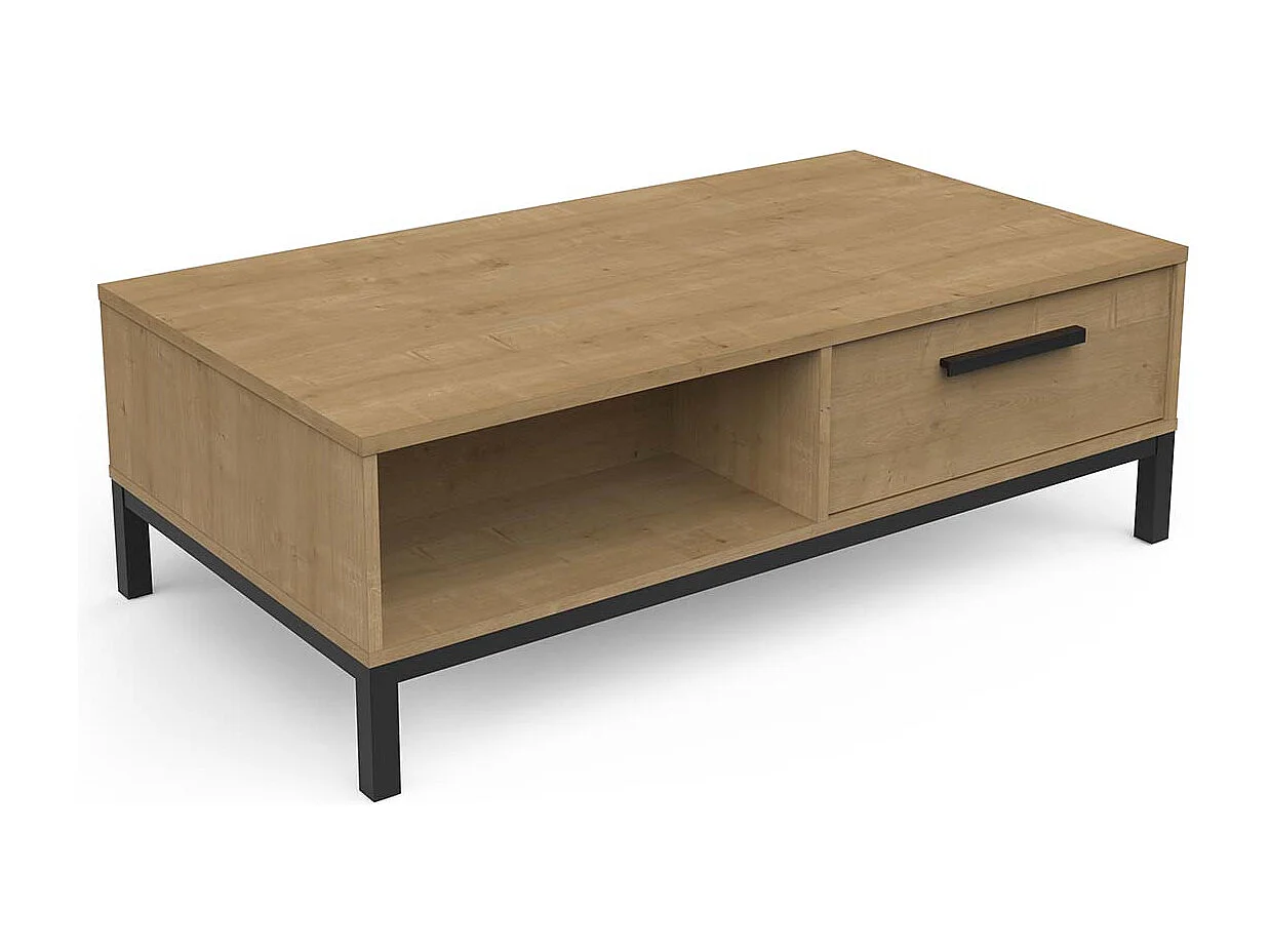 Table basse rectangulaire avec rangement 2 niches 2 tiroirs couleur chêne / noir mat - Largeur 110,4 x Profondeur 60 x Hauteur 36,9 cm