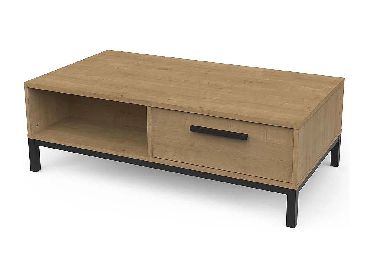 Table basse rectangulaire avec rangement 2 niches 2 tiroirs couleur chêne / noir mat - Largeur 110,4 x Profondeur 60 x Hauteur 36,9 cm