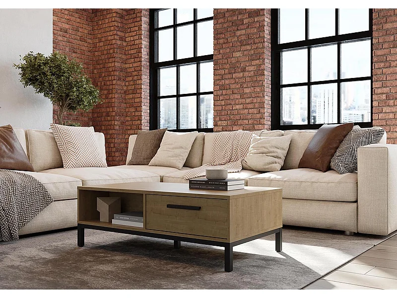 Table basse rectangulaire avec rangement 2 niches 2 tiroirs couleur chêne / noir mat - Largeur 110,4 x Profondeur 60 x Hauteur 36,9 cm