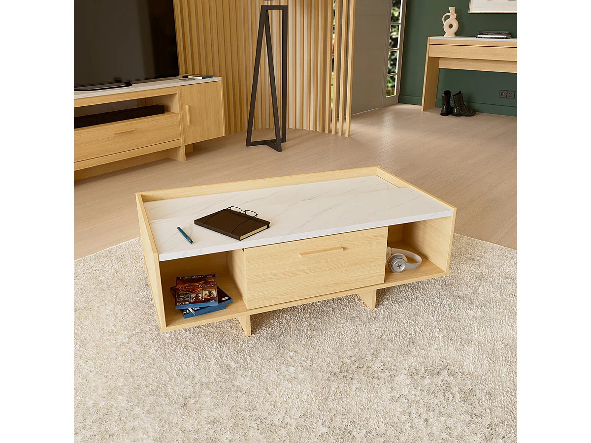 Table basse rectangulaire avec rangement 1 tiroir couleur chêne clair / marbre - Largeur 105,3 x Profondeur 56,5 x Hauteur 39,7 cm