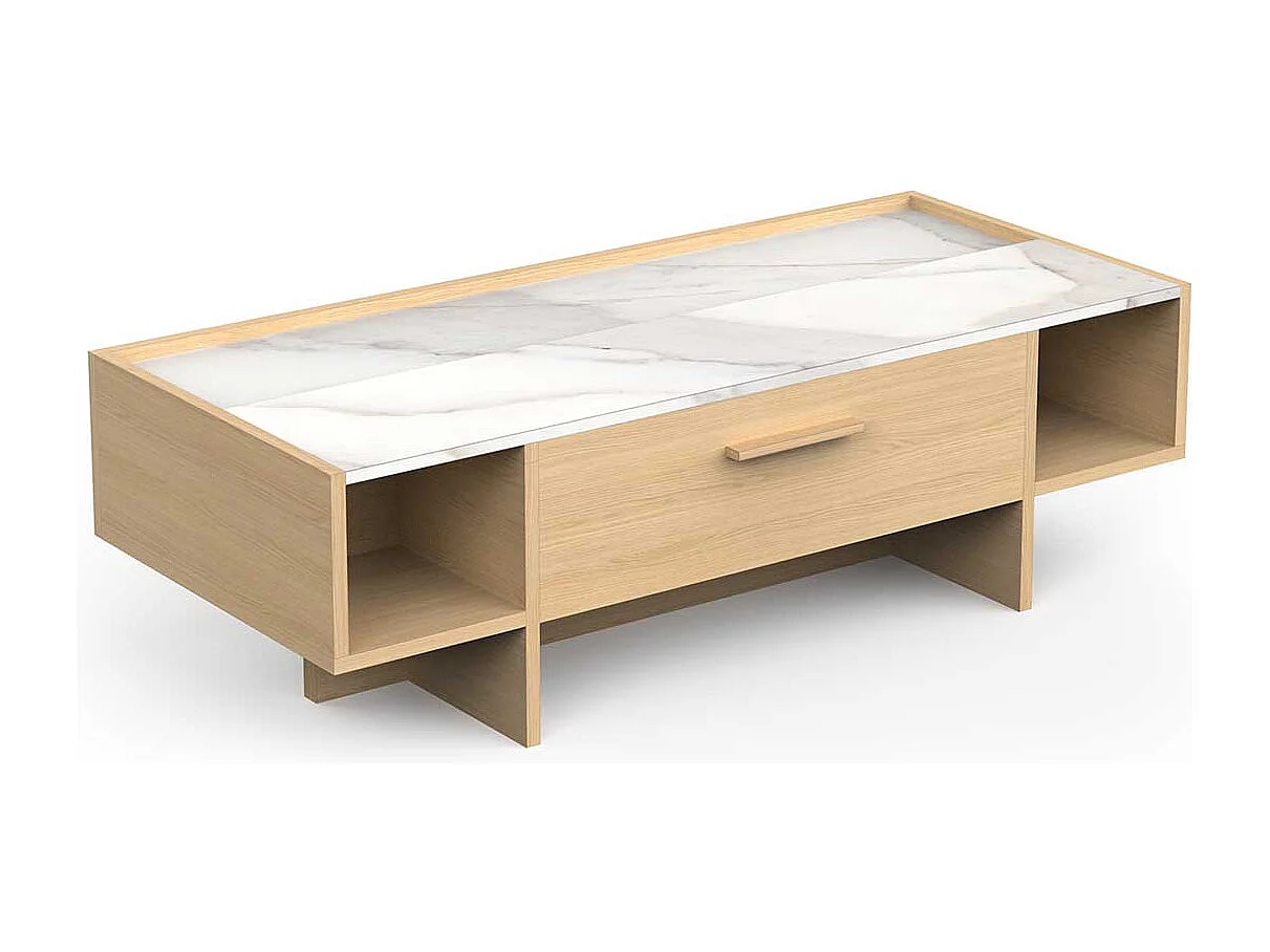 Table basse rectangulaire avec rangement 1 tiroir couleur chêne clair / marbre - Largeur 105,3 x Profondeur 56,5 x Hauteur 39,7 cm
