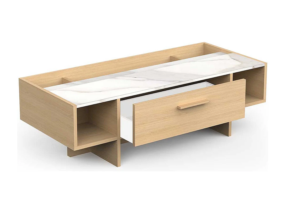 Table basse rectangulaire avec rangement 1 tiroir couleur chêne clair / marbre - Largeur 105,3 x Profondeur 56,5 x Hauteur 39,7 cm