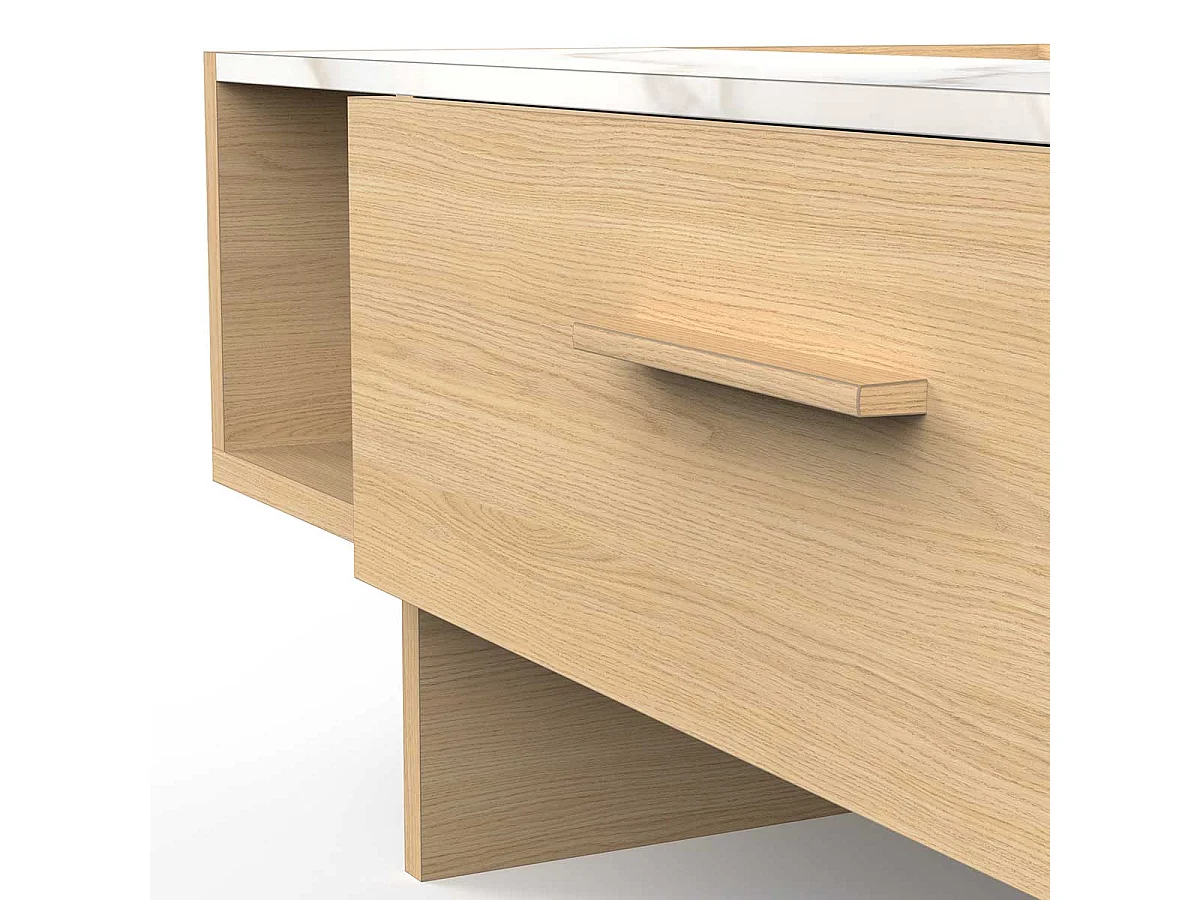 Table basse rectangulaire avec rangement 1 tiroir couleur chêne clair / marbre - Largeur 105,3 x Profondeur 56,5 x Hauteur 39,7 cm