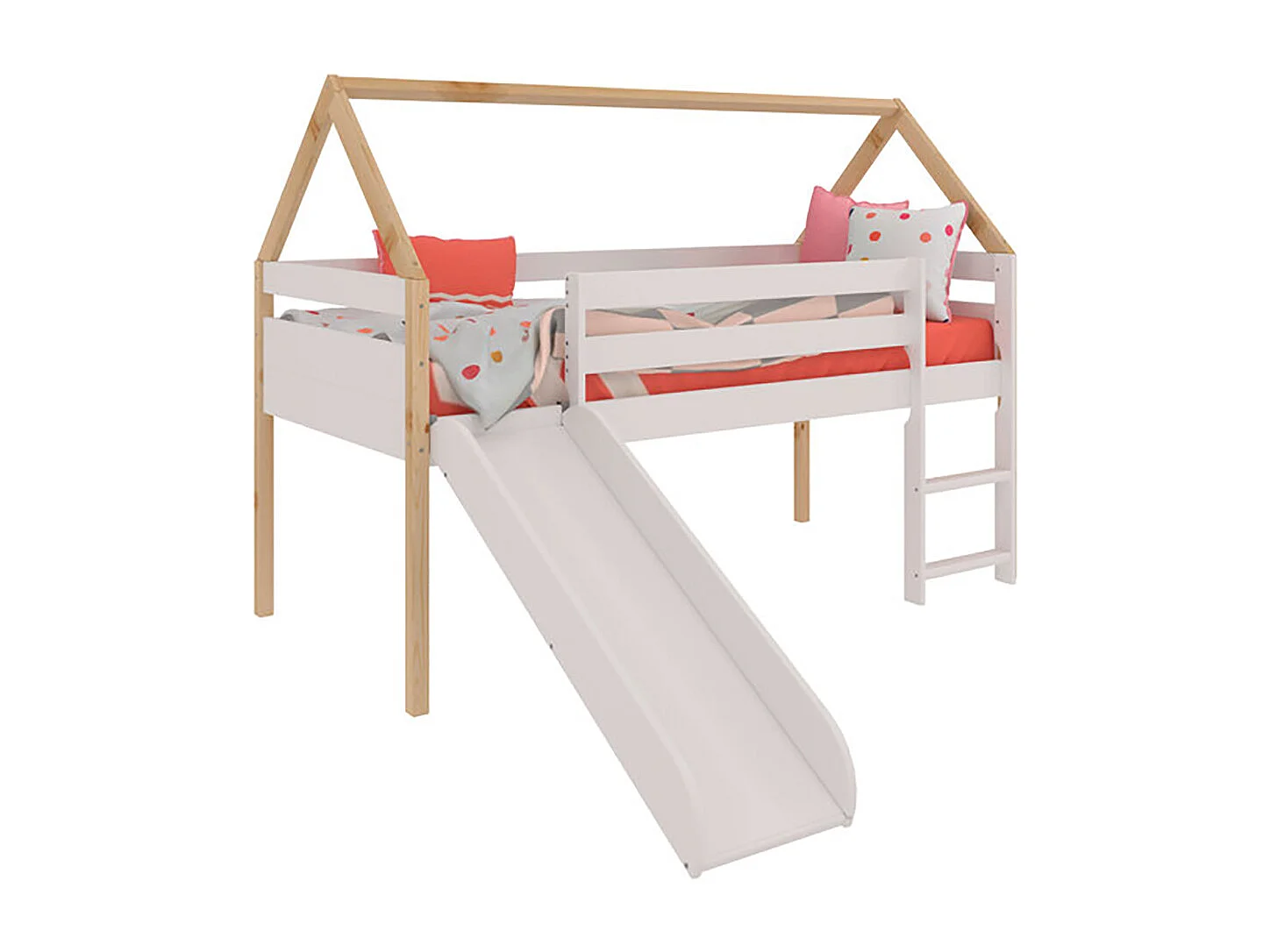 Lit enfant style maison avec toboggan et échelle coloris Bois et Blanc - Longueur 195 x Hauteur 145 x Profondeur 97 cm