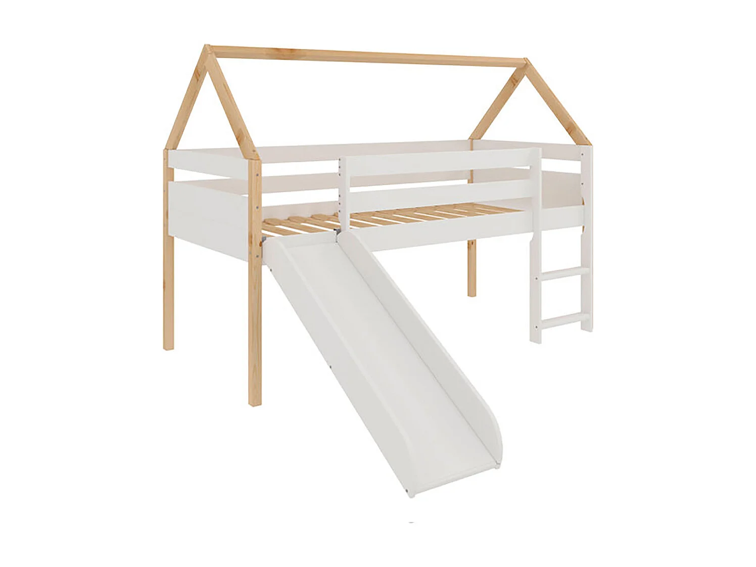 Lit enfant style maison avec toboggan et échelle coloris Bois et Blanc - Longueur 195 x Hauteur 145 x Profondeur 97 cm