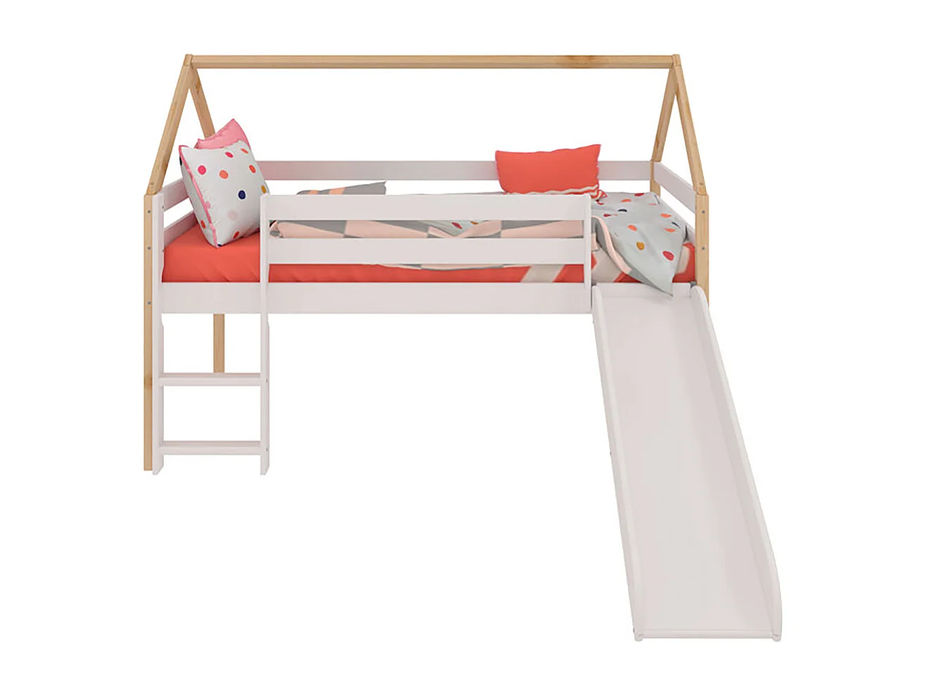 Lit enfant style maison avec toboggan et échelle coloris Bois et Blanc - Longueur 195 x Hauteur 145 x Profondeur 97 cm