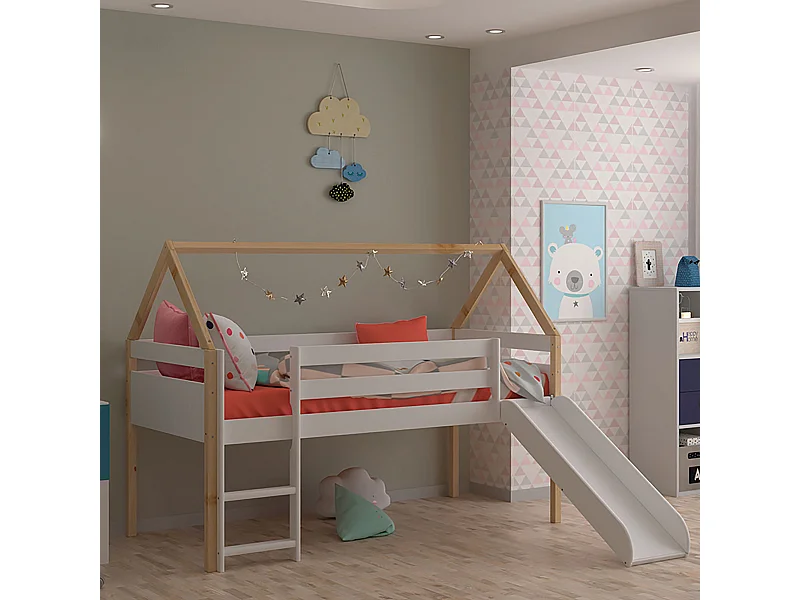 Lit enfant style maison avec toboggan et échelle coloris Bois et Blanc - Longueur 195 x Hauteur 145 x Profondeur 97 cm
