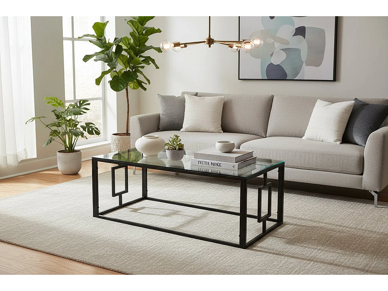 Table Basse SOPHIE Pieds Métal Noir Plateau Verre Trempé Transparent 120x60x45cm