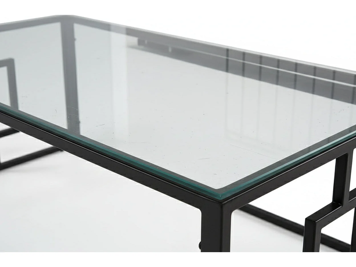 Table Basse SOPHIE Pieds Métal Noir Plateau Verre Trempé Transparent 120x60x45cm