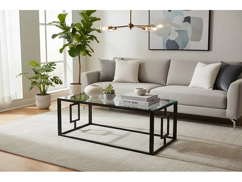 Table Basse SOPHIE Pieds Métal Noir Plateau Verre Trempé Transparent 120x60x45cm