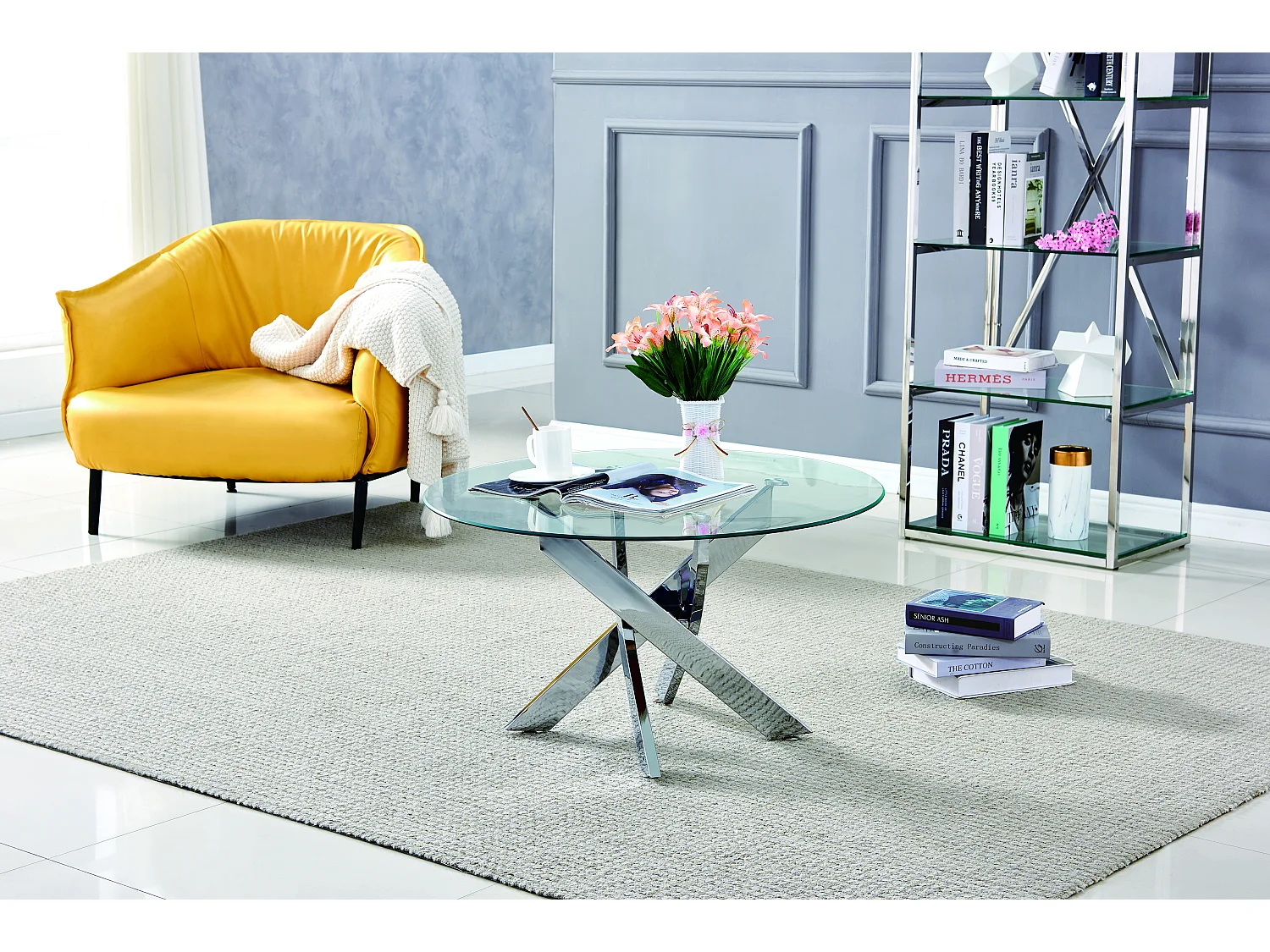 Table basse ronde JESSY pieds chrome et plateau en verre TRANSPARENT 80 cm