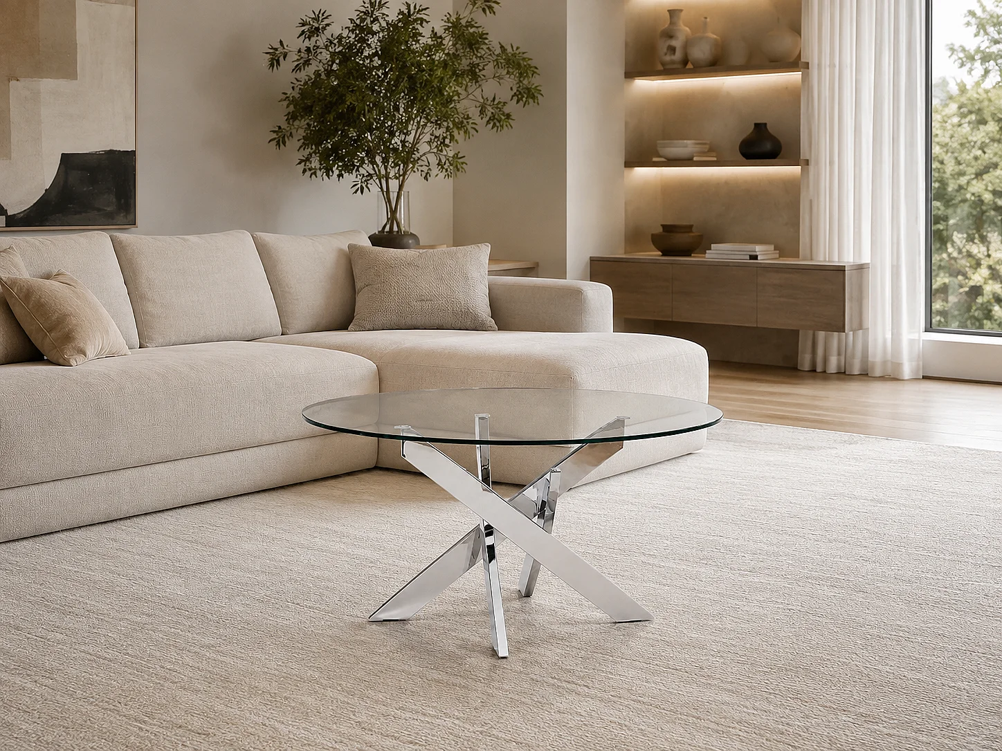 Table basse ronde JESSY pieds chrome et plateau en verre TRANSPARENT 80 cm