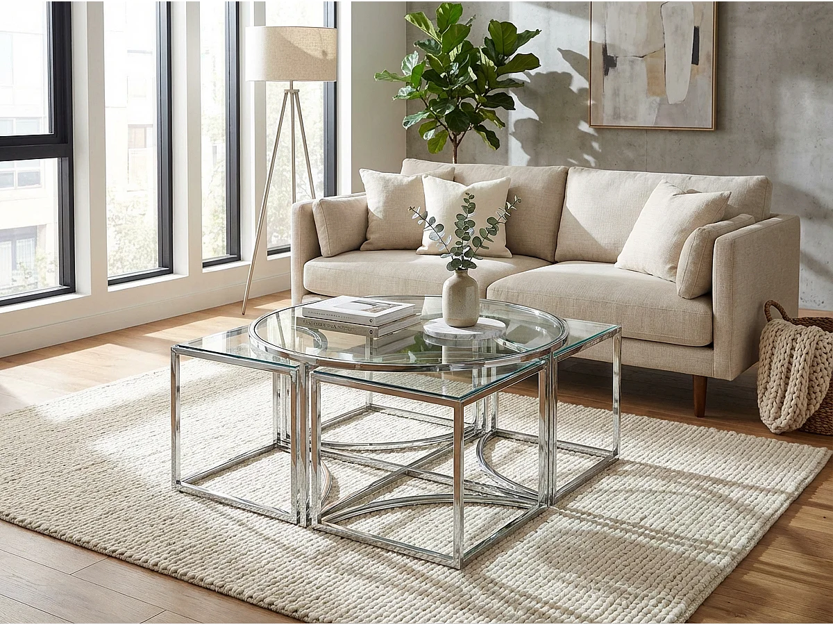 Table basse ronde verre chromé 90 cm modulable gigognes salon - ELVE