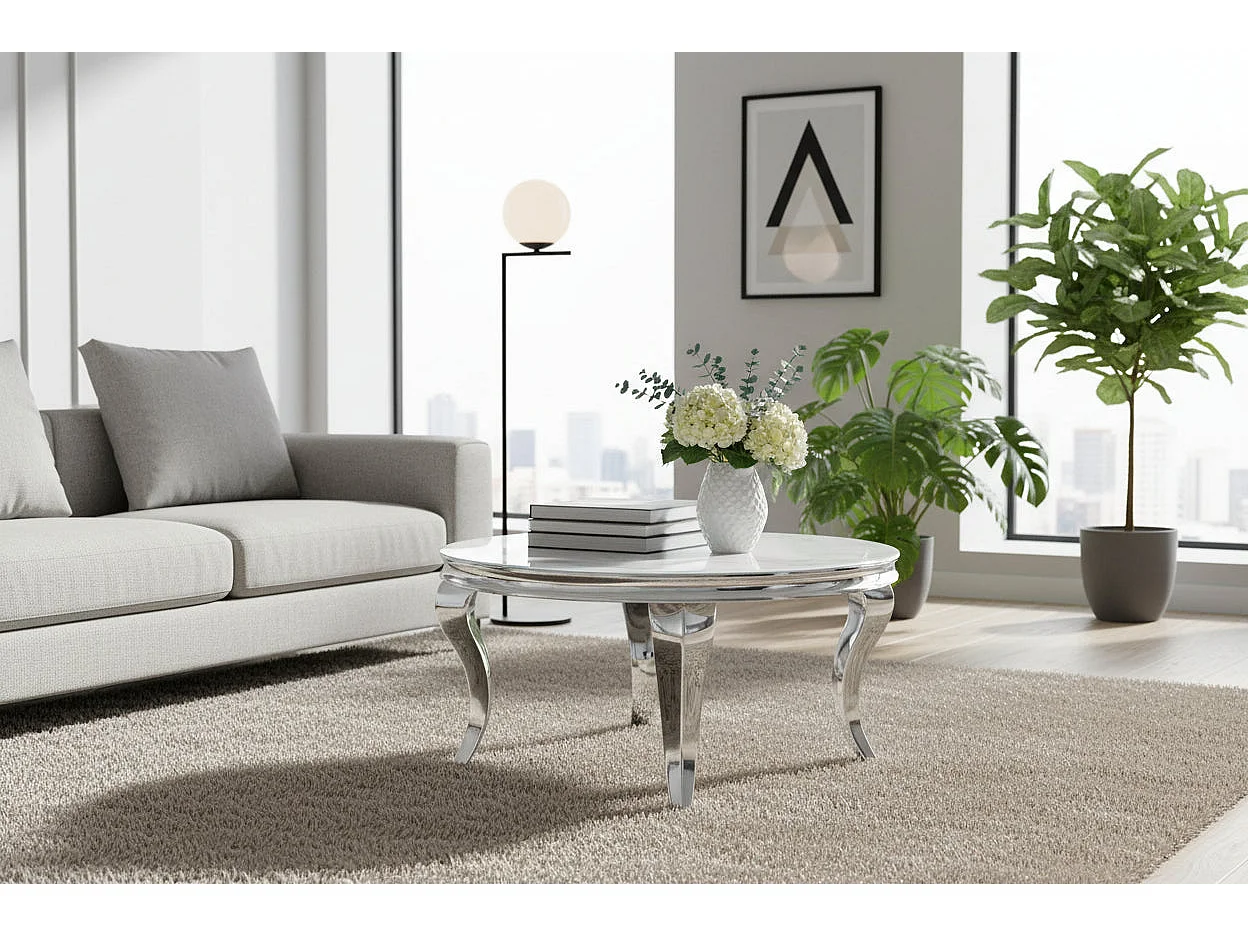 Table Basse BAROQUE Ronde Plateau Verre Trempé Blanc Structure Chrome D80x45cm