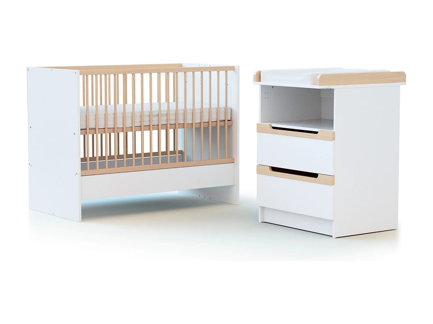 Cuna bebé y cómoda cambiador CARROUSEL madera - Blanco/Haya Barnizada - 60 x 120 - 194 x 94 x 70 cm