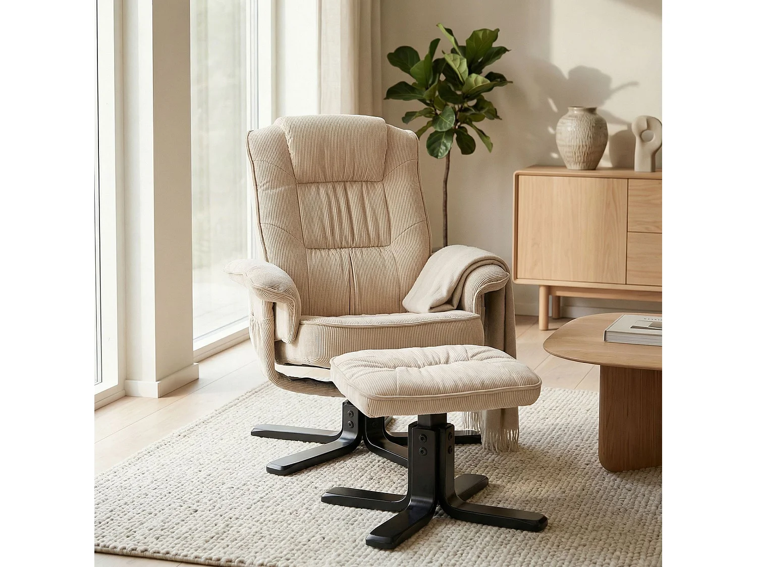 IDIMEX Fauteuil de Relaxation Charly avec Repose-Pieds pouf, siège pivotant et Dossier inclinable en velours côtelé  beige/noir