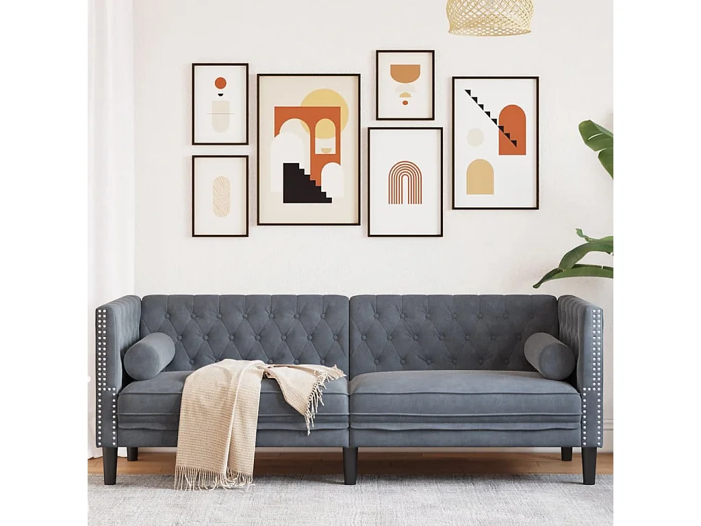 Canapé Chesterfield avec traversins 3 places gris foncé velours