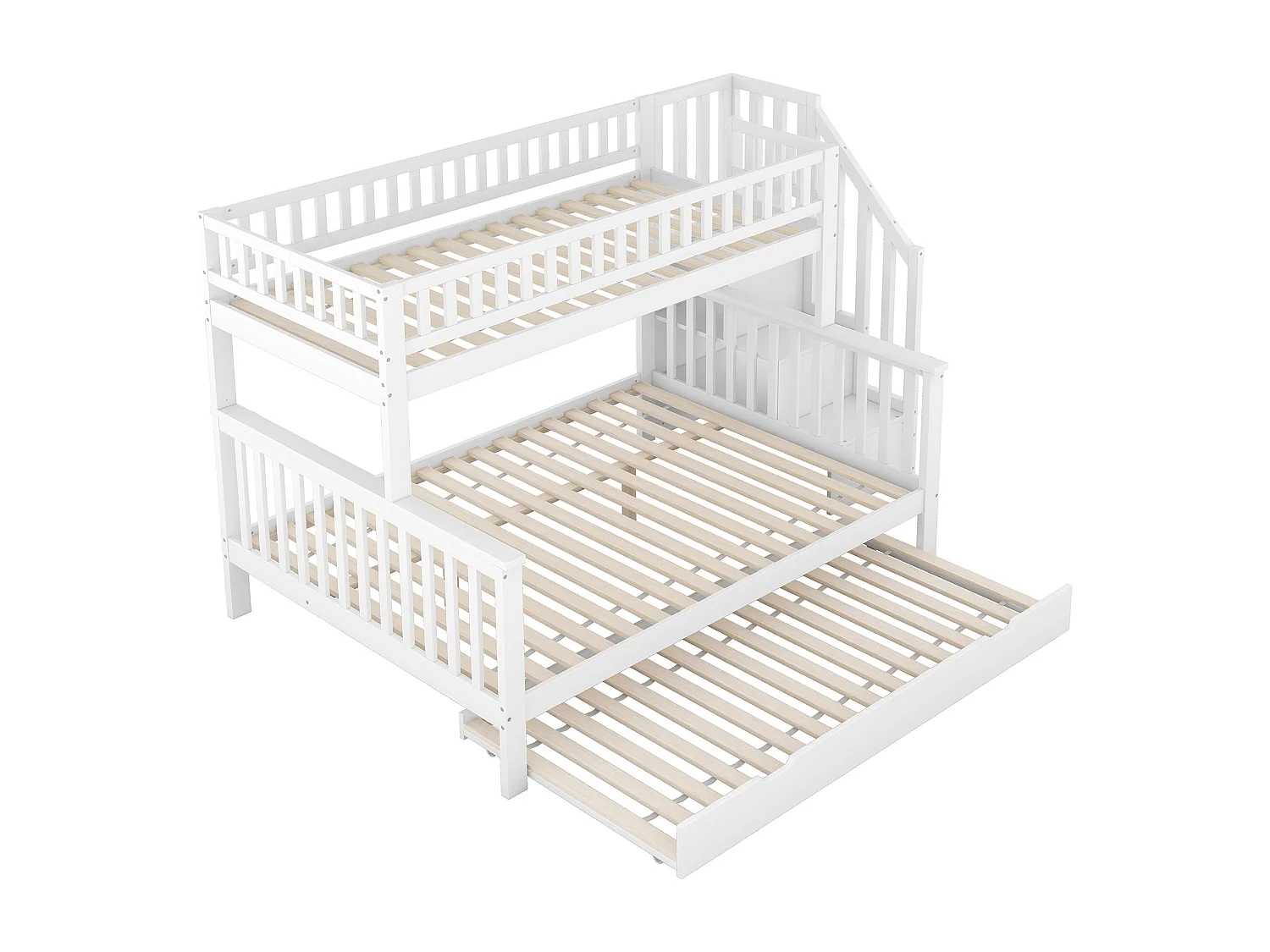 Lit superposé 90x200 et 140x200 cm avec lit gigogne et rangements en pin blanc (Sans matelas)