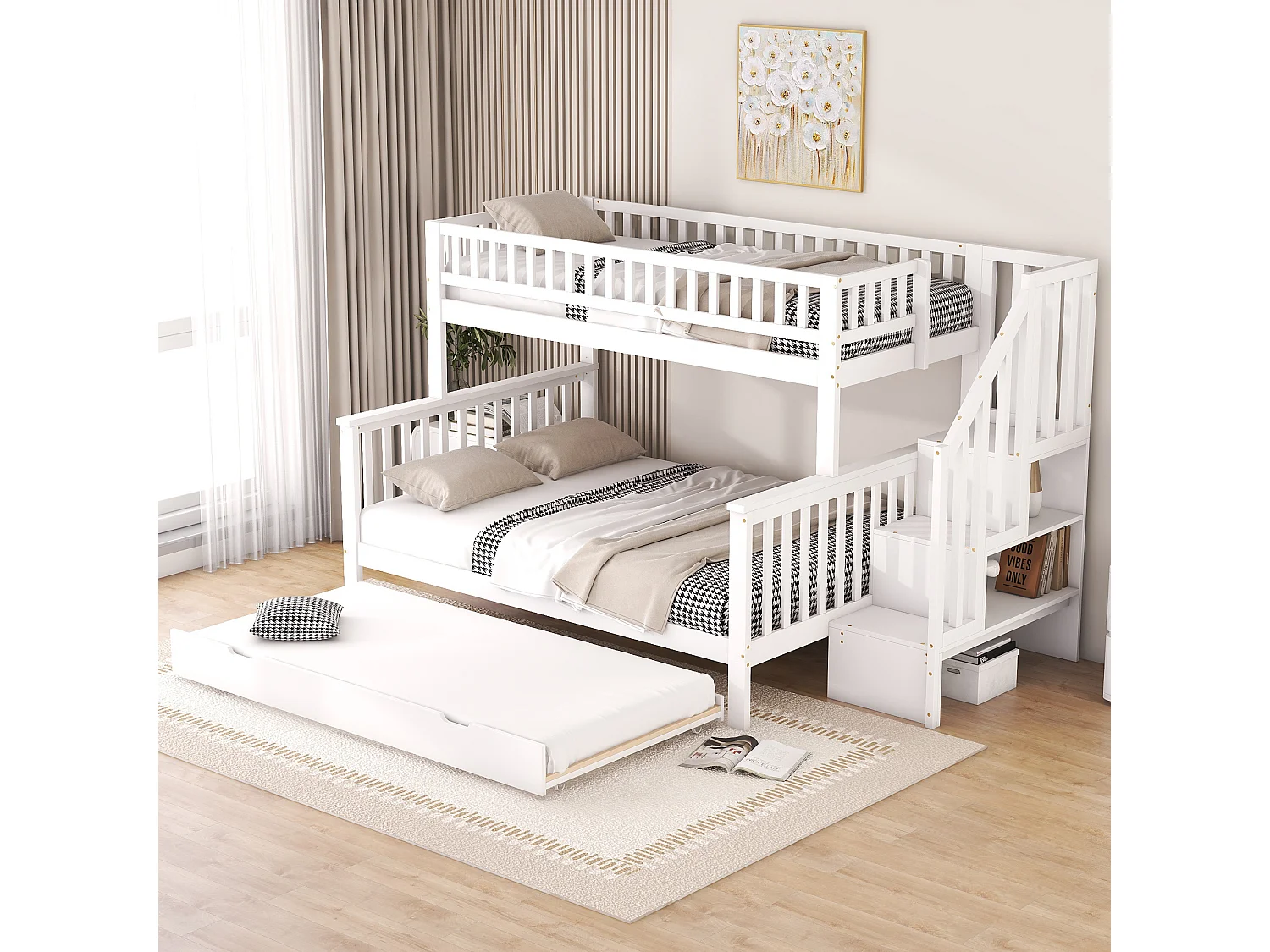 Lit superposé 90x200 et 140x200 cm avec lit gigogne et rangements en pin blanc (Sans matelas)