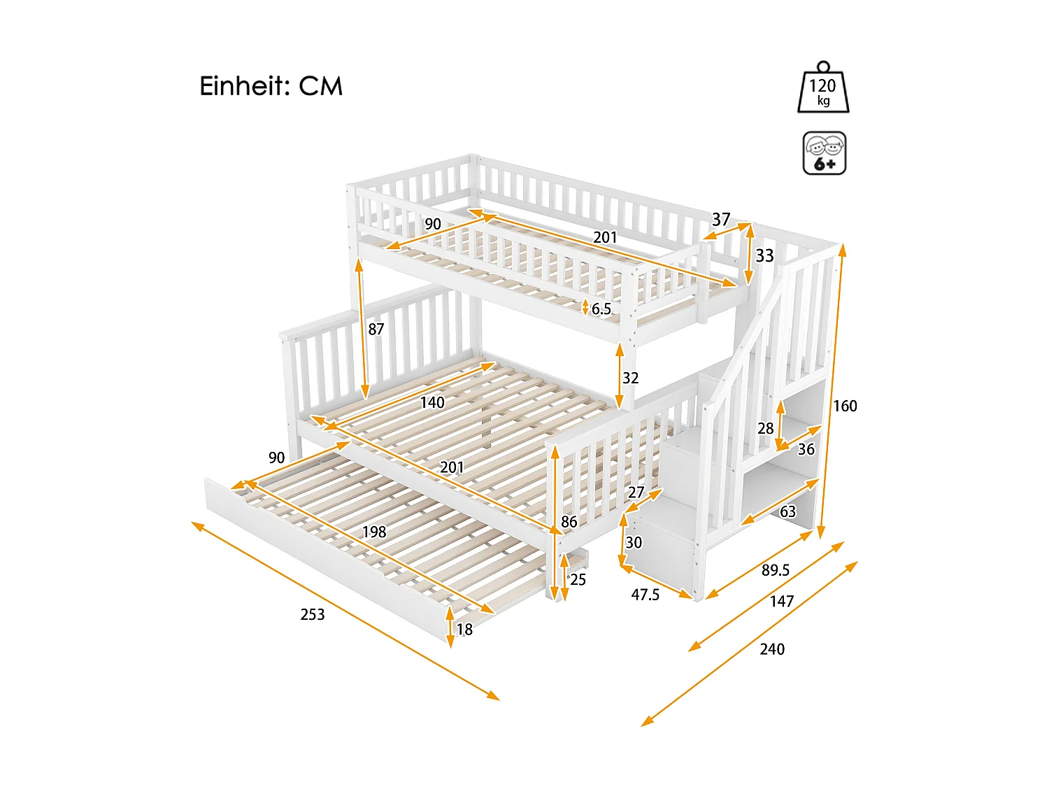 Lit superposé 90x200 et 140x200 cm avec lit gigogne et rangements en pin blanc (Sans matelas)