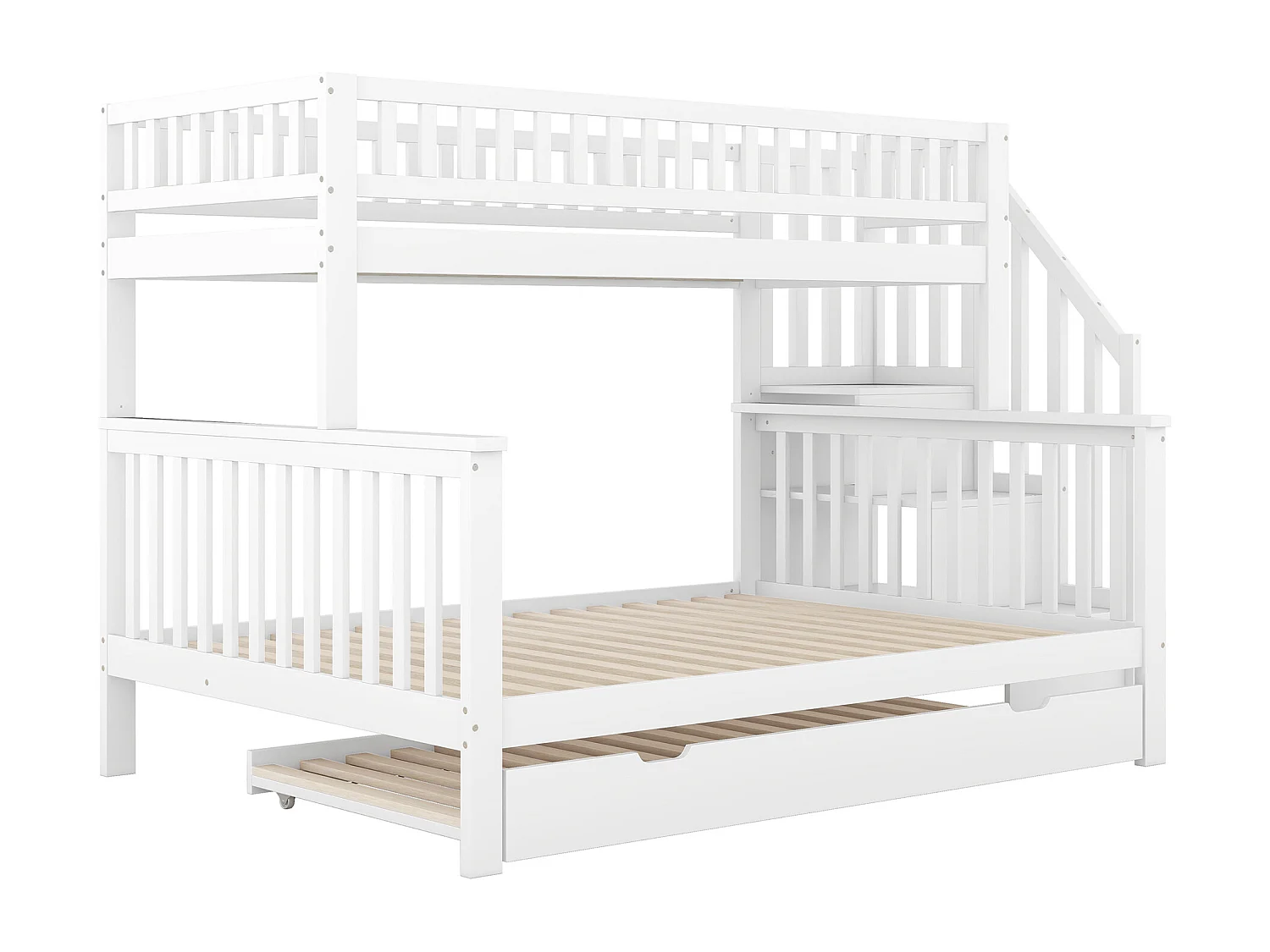 Lit superposé 90x200 et 140x200 cm avec lit gigogne et rangements en pin blanc (Sans matelas)