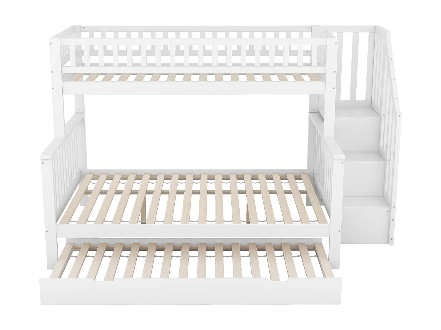 Lit superposé 90x200 et 140x200 cm avec lit gigogne et rangements en pin blanc (Sans matelas)