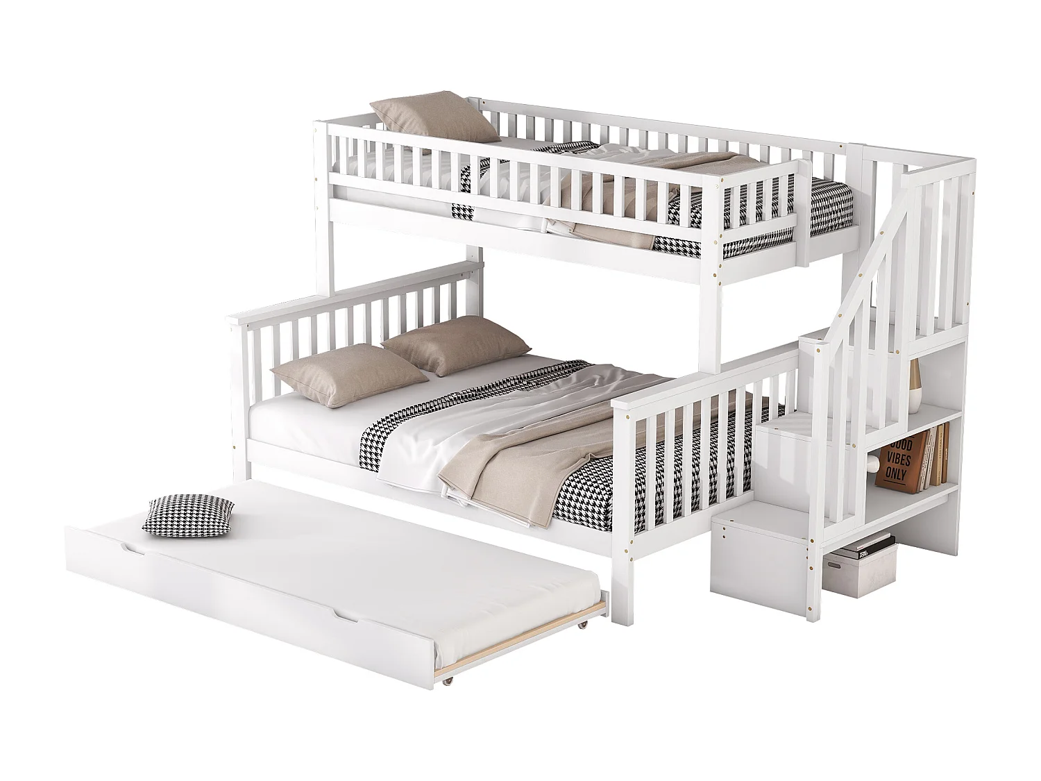 Lit superposé 90x200 et 140x200 cm avec lit gigogne et rangements en pin blanc (Sans matelas)