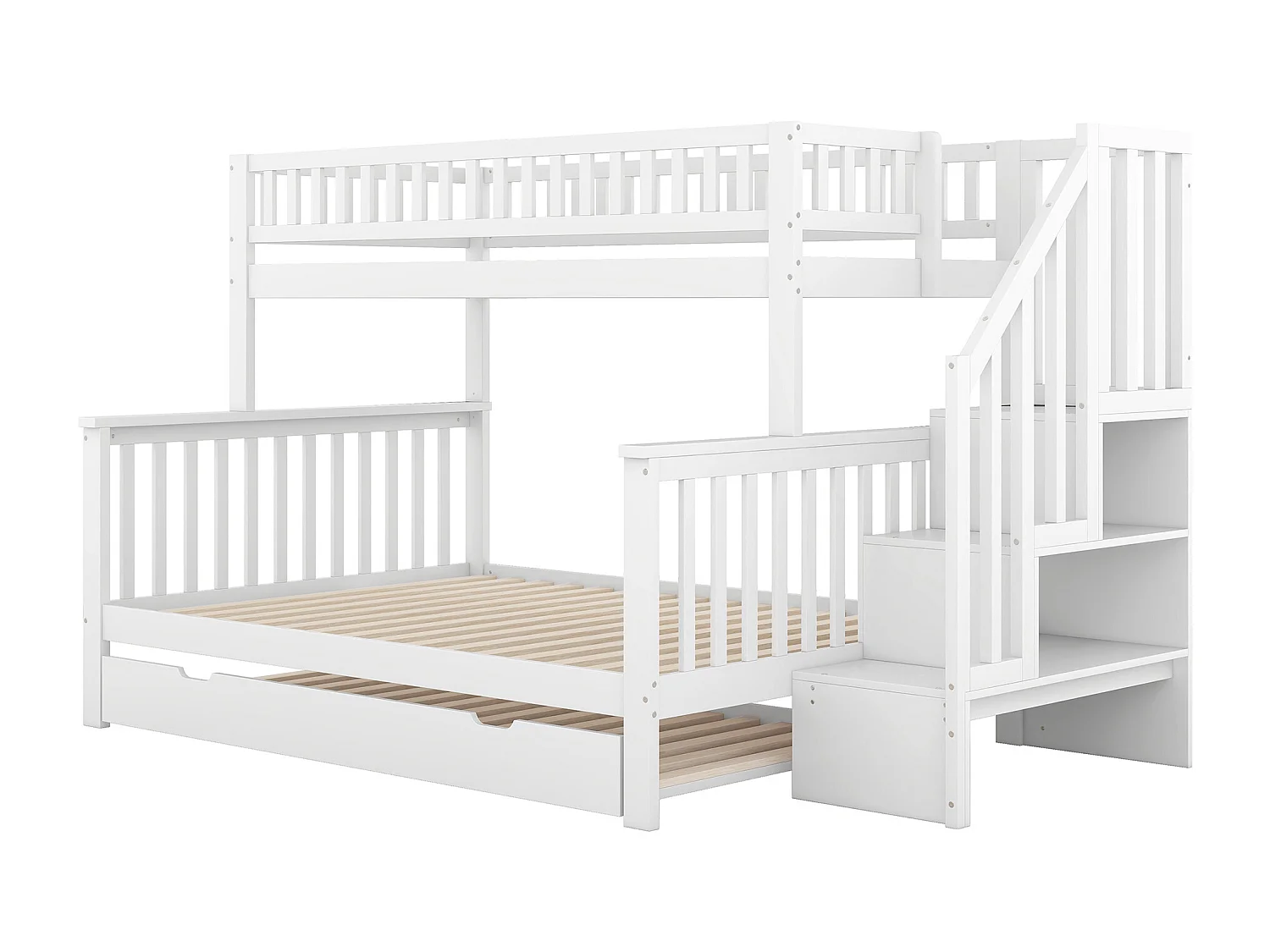 Lit superposé 90x200 et 140x200 cm avec lit gigogne et rangements en pin blanc (Sans matelas)