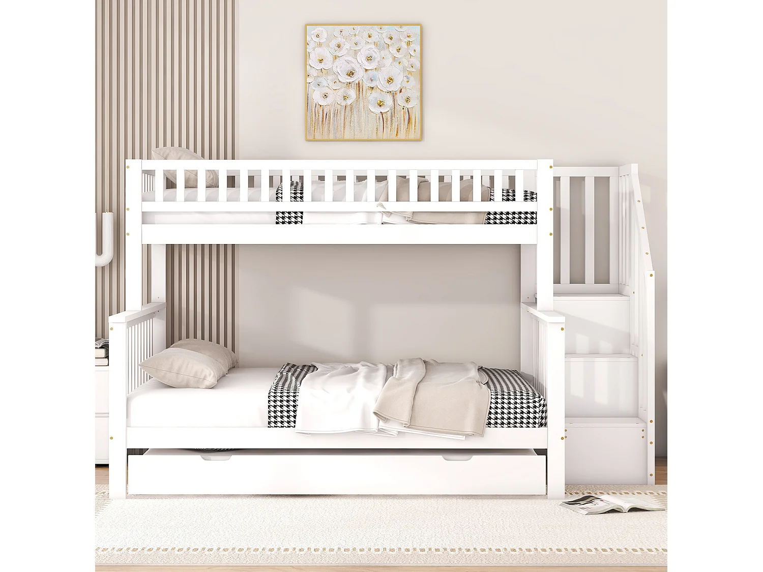 Lit superposé 90x200 et 140x200 cm avec lit gigogne et rangements en pin blanc (Sans matelas)