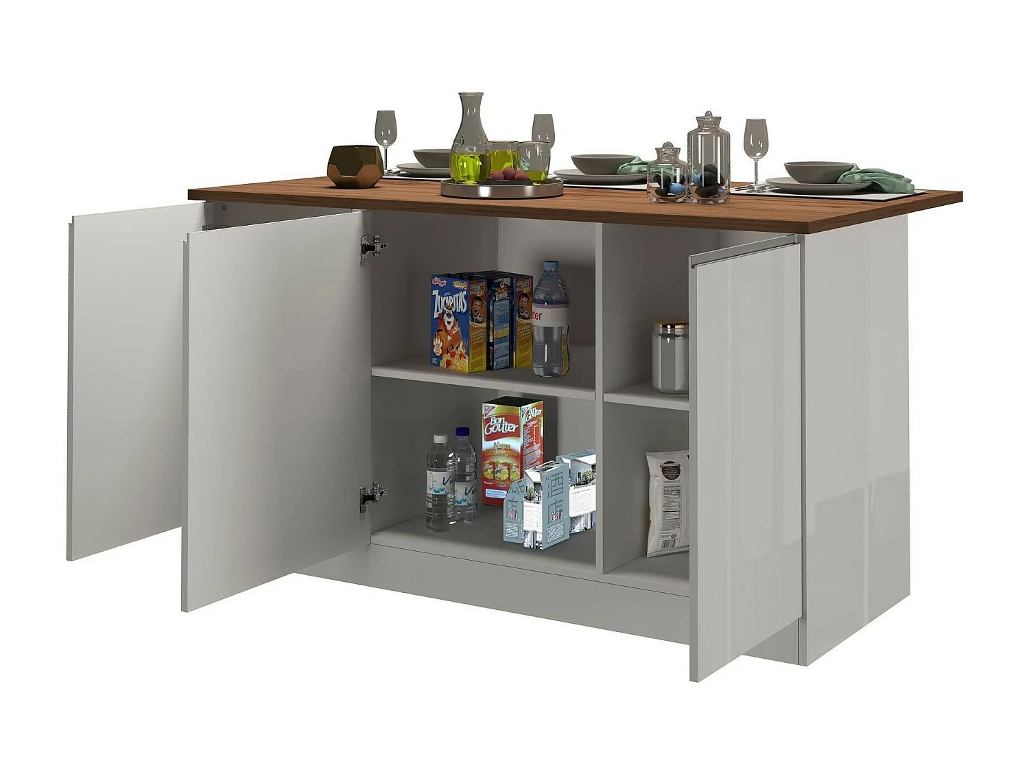 Îlot de cuisine Dcarnelo, Armoire polyvalente, Meuble de kitchenette, Table auxiliaire, 100% Made in Italy, 155x90h90 cm, Blanc brillant et chêne
