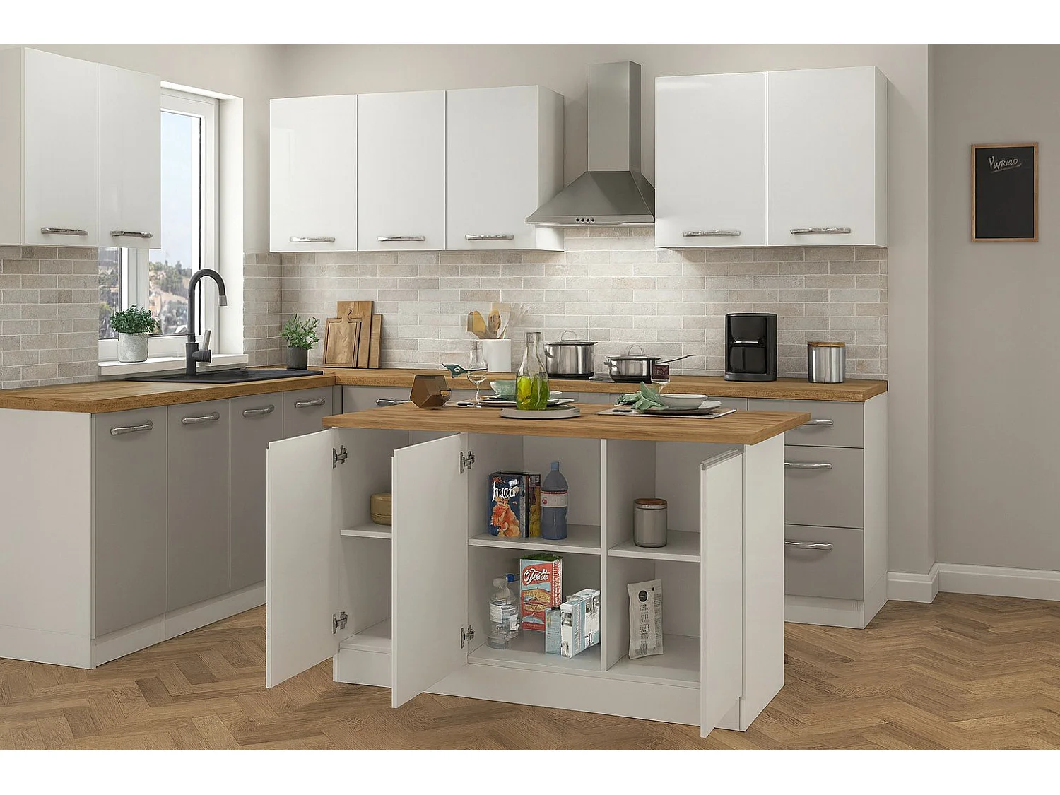 Îlot de cuisine Dcarnelo, Armoire polyvalente, Meuble de kitchenette, Table auxiliaire, 100% Made in Italy, 155x90h90 cm, Blanc brillant et chêne