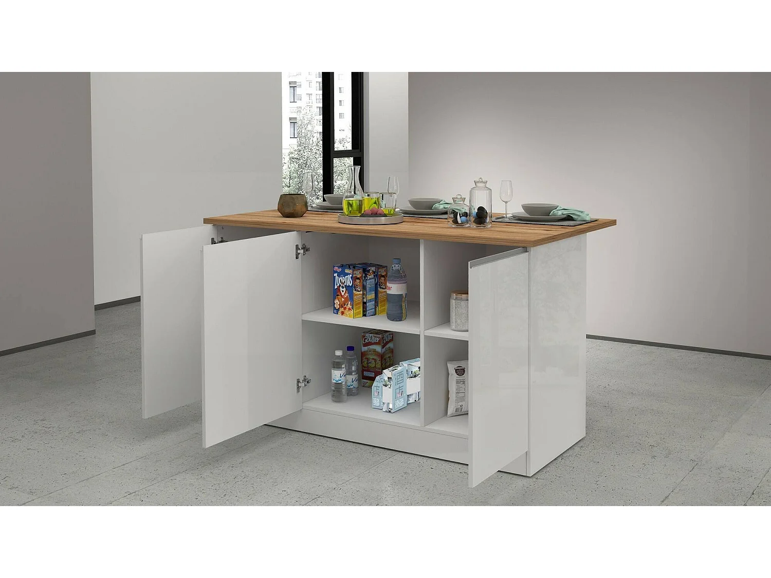 Îlot de cuisine Dcarnelo, Armoire polyvalente, Meuble de kitchenette, Table auxiliaire, 100% Made in Italy, 155x90h90 cm, Blanc brillant et chêne