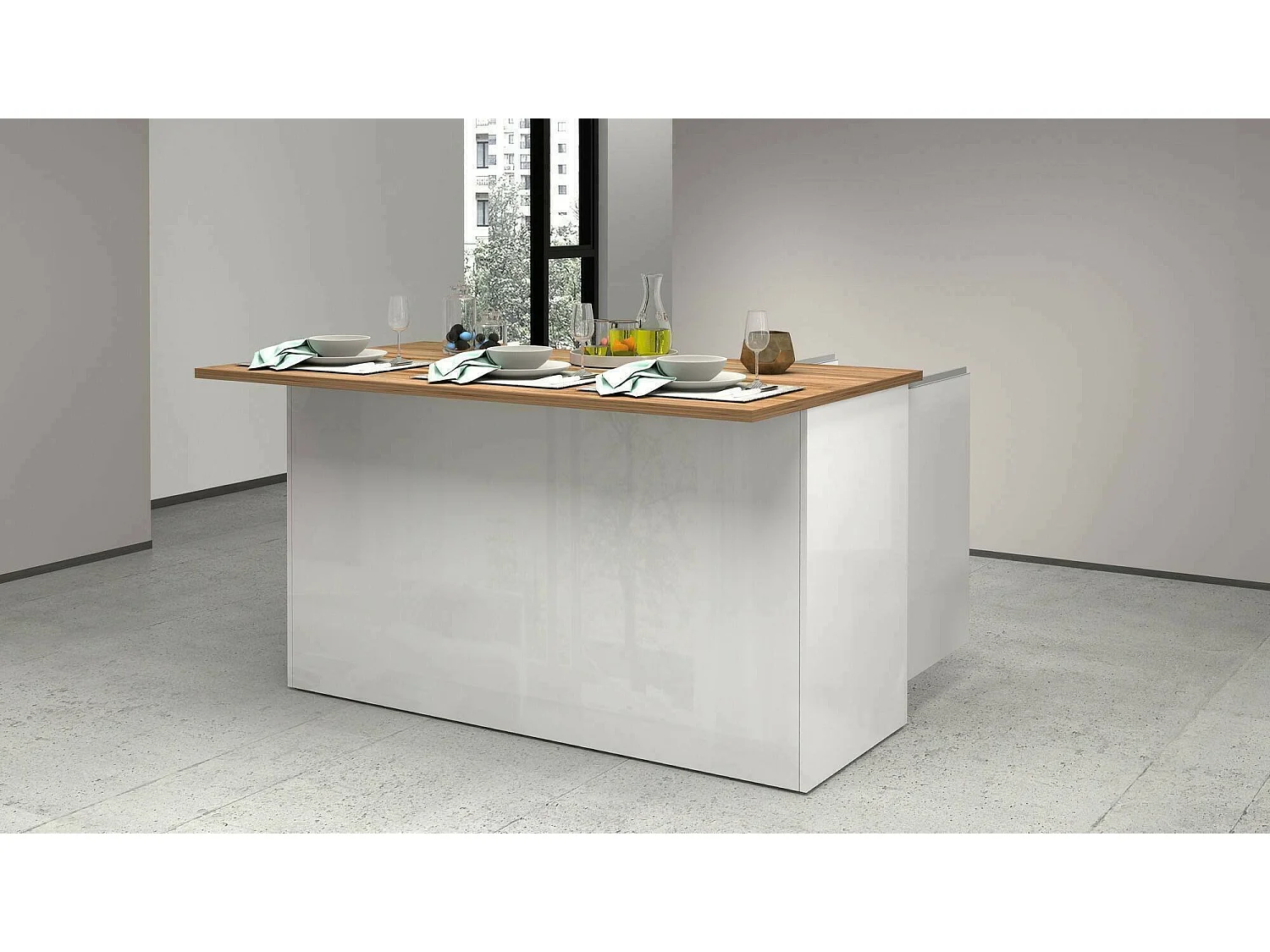Îlot de cuisine Dcarnelo, Armoire polyvalente, Meuble de kitchenette, Table auxiliaire, 100% Made in Italy, 155x90h90 cm, Blanc brillant et chêne