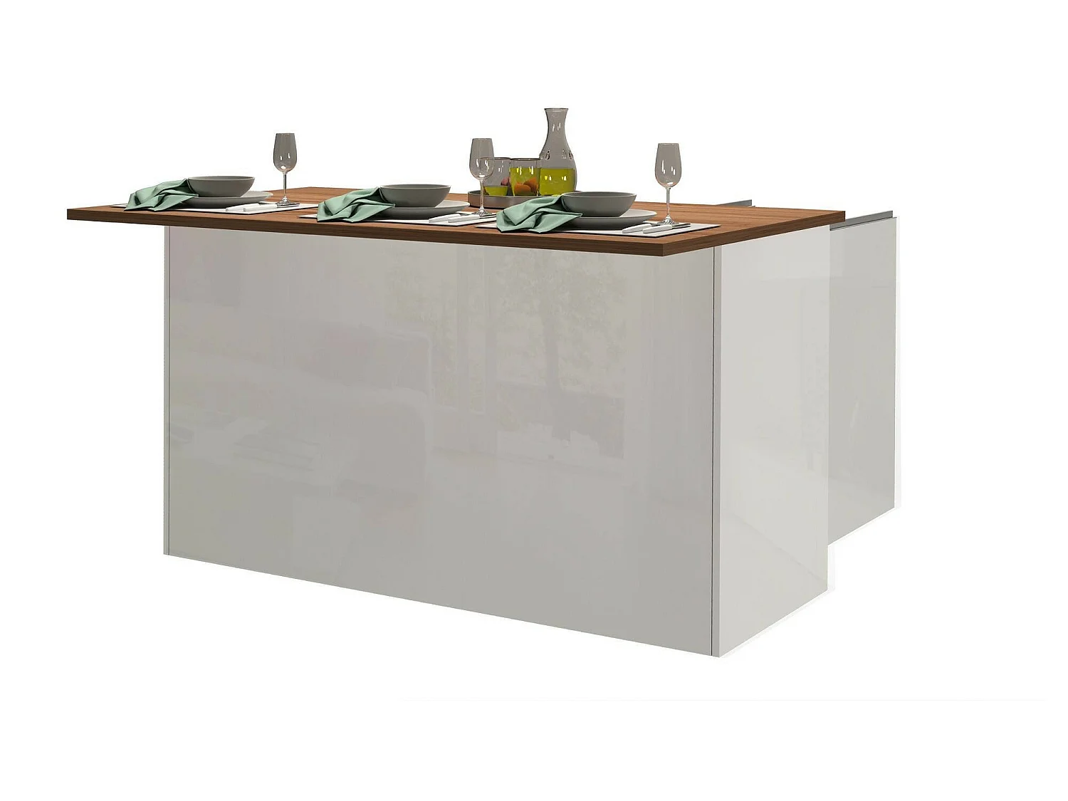 Îlot de cuisine Dcarnelo, Armoire polyvalente, Meuble de kitchenette, Table auxiliaire, 100% Made in Italy, 155x90h90 cm, Blanc brillant et chêne